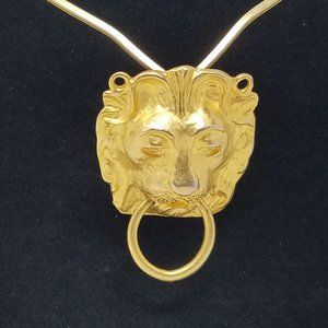 Leo the Lion Statement Necklace Gold Tone Animal Pendant